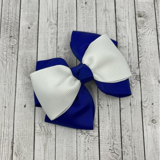Cobalt Blue Double Layer with White Single Layer and Top Knot Bow on Clip