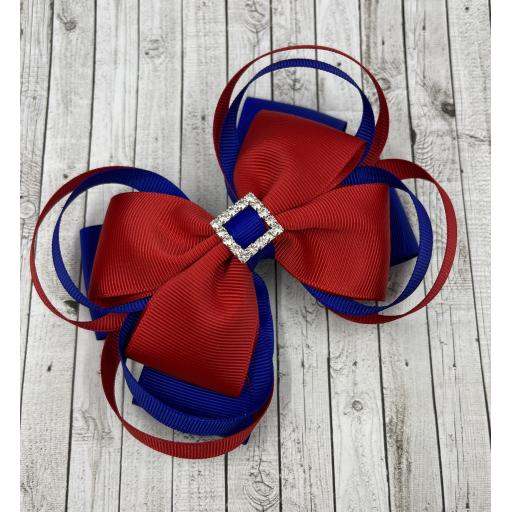 Large 5 inch Cobalt Blue and Red Double Layer Bow with Triple Loops on Clip