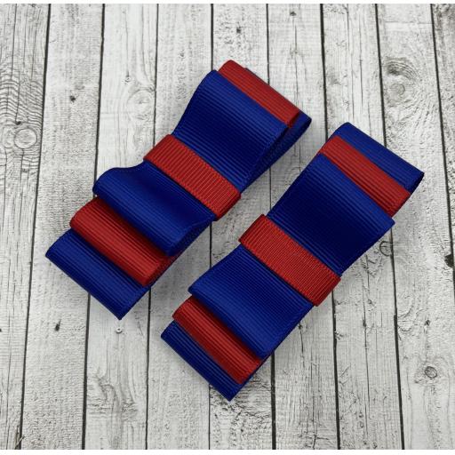 Cobalt Blue and Red Triple Straight bows on clips (pair)