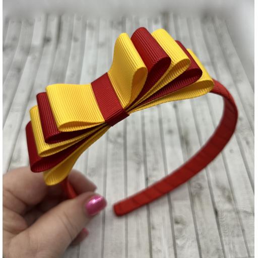 Red 1.5cm Hairband with 5 Layer Red and Yellow Gold Straight Classic Bow