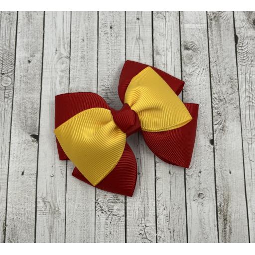 Red Double Layer with Yellow Gold Single Layer and Top Knot Bow on Clip