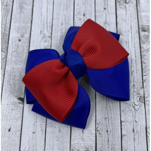 Cobalt Blue Double Layer with Red Single Layer and Top Knot Bow on Clip