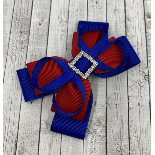 Cobalt Blue and Red Double Layer Bow with Top Loops on Clip
