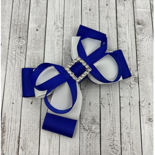 Cobalt Blue and White Double Layer Bow with Loops on Clip