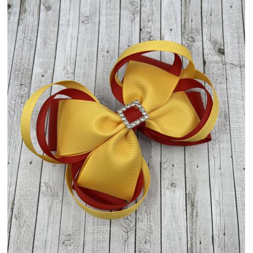 Large 5 inch Red and Yellow Gold Double Layer Bow with Triple Loops on Clip