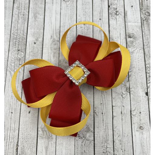 Red Double Layer Bow with Yellow Gold Loops on Clip