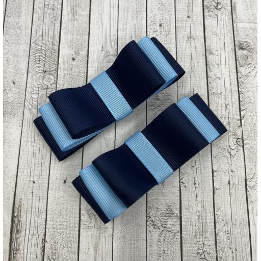 Navy Blue and Light Blue Straight bows on clips (pair)