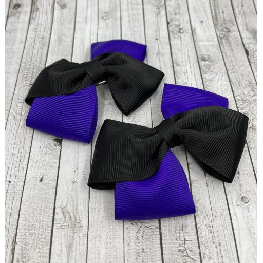 Black and Purple Diagonal Double Bows on Clips (pair)