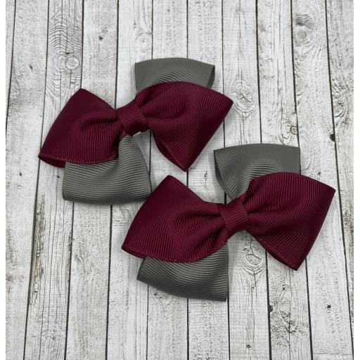 Diagonal Wine and Grey Bows on Clips (pair)