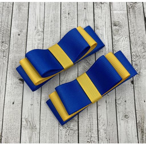 Royal Blue and Yellow Gold Straight bows on clips (pair)
