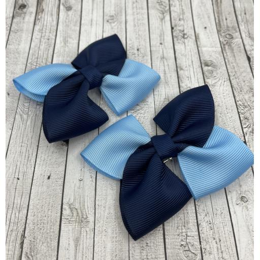 Navy and Light Blue Square Bows on Clips (pair)