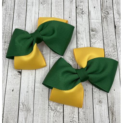 Diagonal Forest Green and Yellow Gold Bows on Clips (pair)