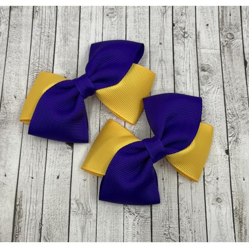 Diagonal Purple and Yellow Gold Bows on Clips (pair)