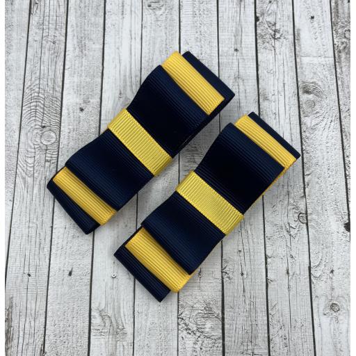 Navy Blue and Yellow Gold Straight bows on clips (pair)