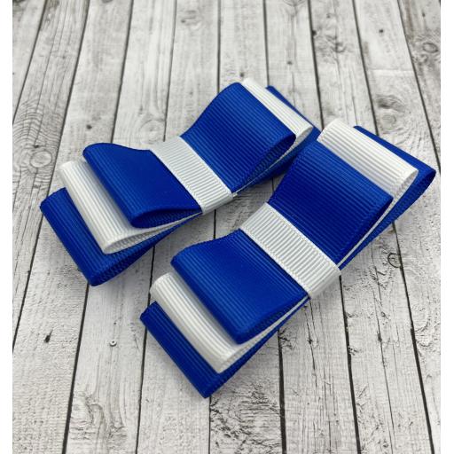 Royal Blue and White Straight bows on clips (pair)