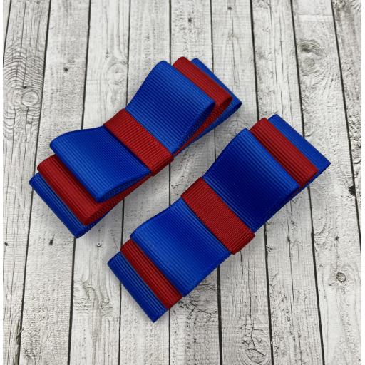 Royal Blue and Red Straight bows on clips (pair)