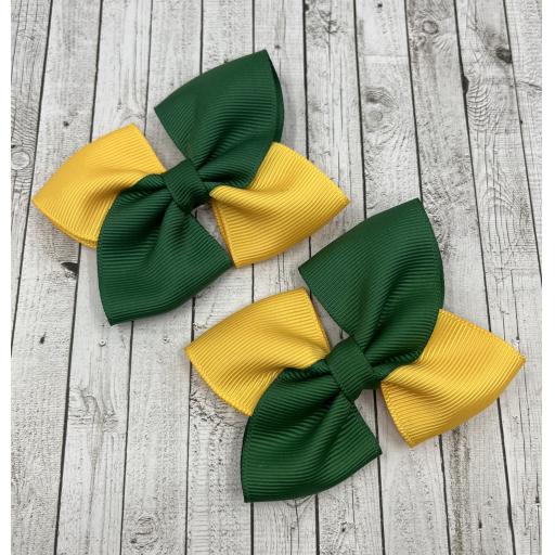 Square Forest Green and Yellow Gold Bows on Clips (pair)