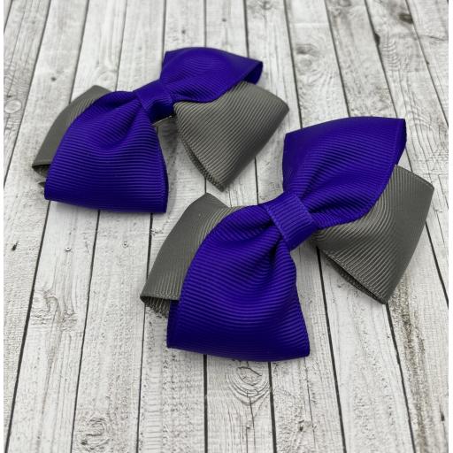 Diagonal Purple and Grey Bows on Clips (pair)