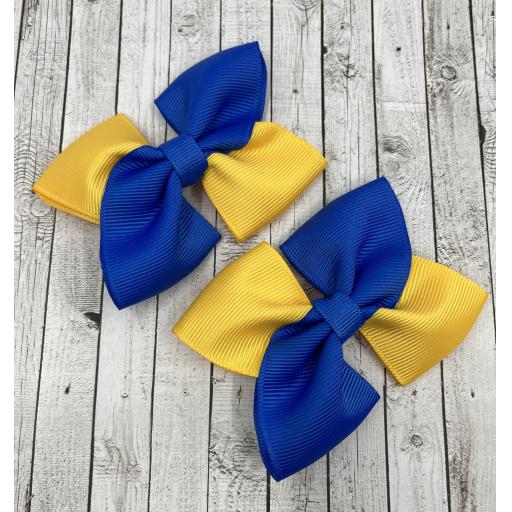 Royal Blue and Yellow Gold Square Bows on Clips (pair)