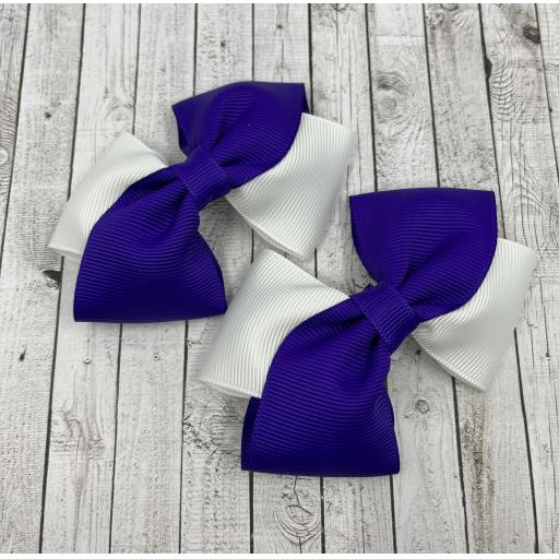 Diagonal Purple and White Bows on Clips (pair)