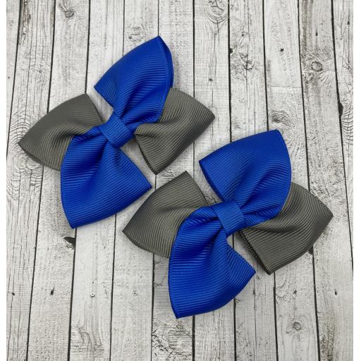 Royal Blue and Grey Square Bows on Clips (pair)
