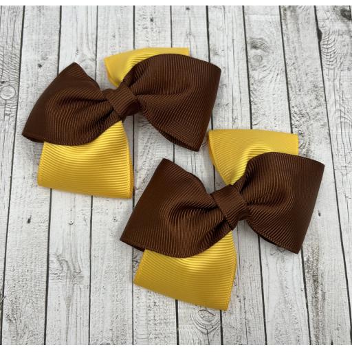 Diagonal Brown and Yellow Gold Bows on Clips (pair)