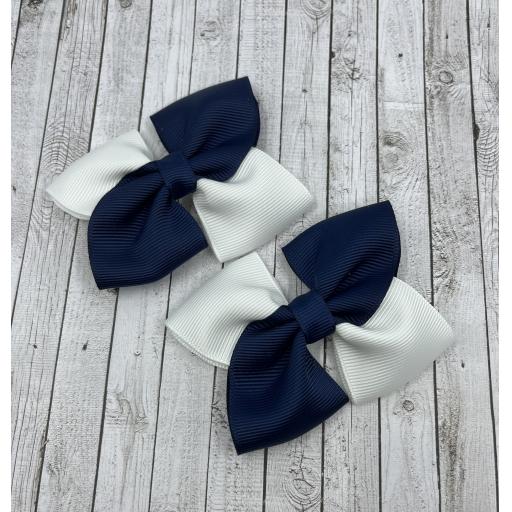 Navy and White Square Bows on Clips (pair)