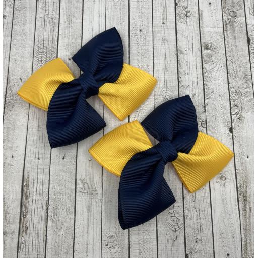 Navy and Yellow Gold Square Bows on Clips (pair)