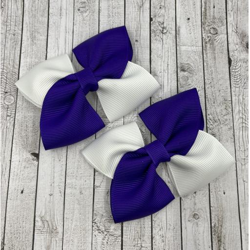 Square Purple and White Bows on Clips (pair)