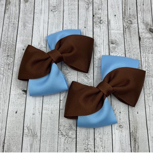 Diagonal Brown and Light Blue Bows on Clips (pair)