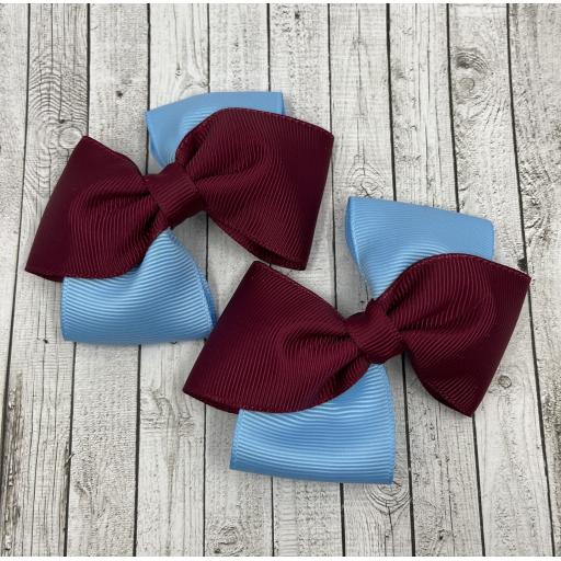 Wine and Light Blue Diagonal Double Bows on Clips (pair)