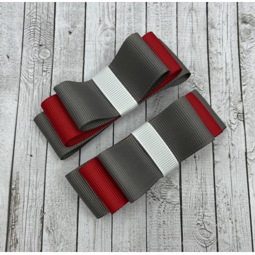 Red, Grey and White Straight bows on clips (pair)