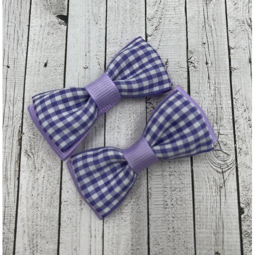 Pair of Lilac and White Gingham Checked Itty Bitty Bows on Clips