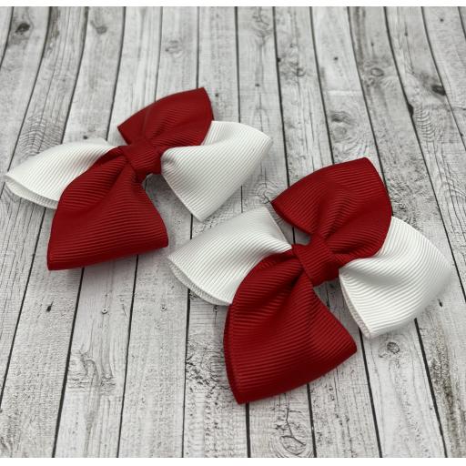Red and White Square Double Bows on Clips (pair)
