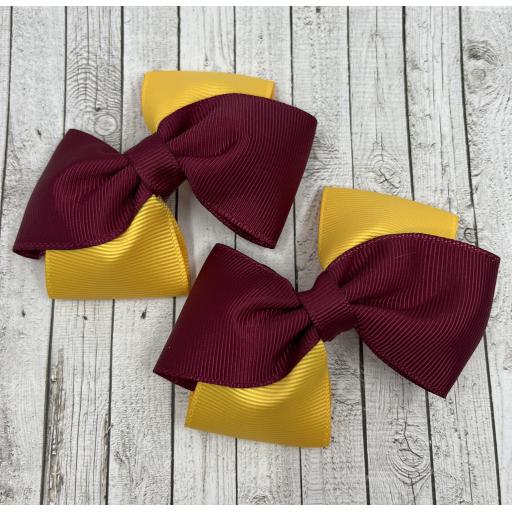 Wine and Yellow Diagonal Gold Bows on Clips (pair)