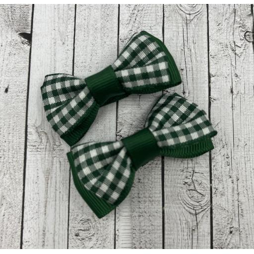 Pair of Green and White Gingham Checked Itty Bitty Bows on Clips