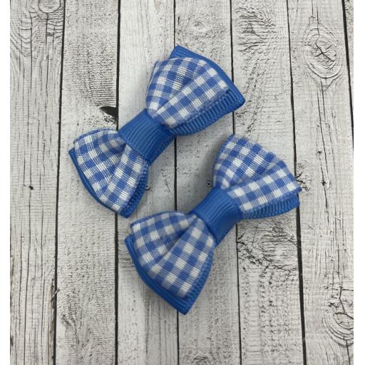 Pair of Light Blue and White Gingham Checked Itty Bitty Bows on Clips