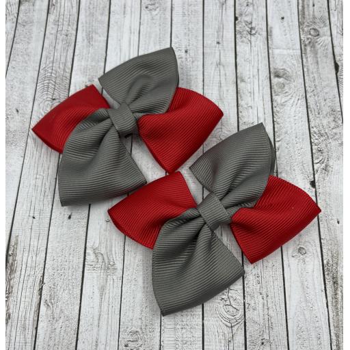 Red and Grey Square Double Bows on Clips (pair)