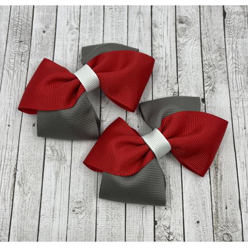 Red,Grey and White Diagonal Double Bows on Clips (pair)