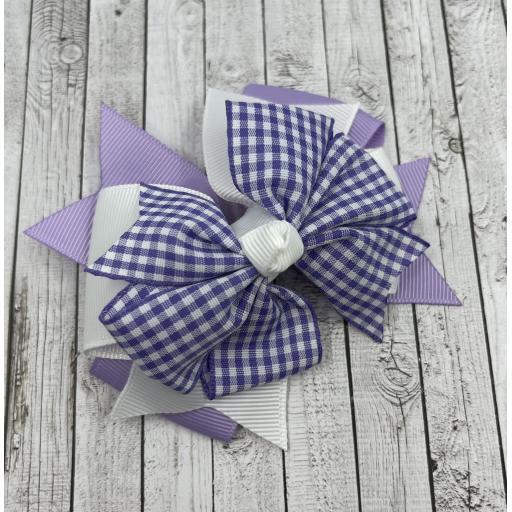 Lilac and White Gingham Checked Triple Layer Bow on Clip