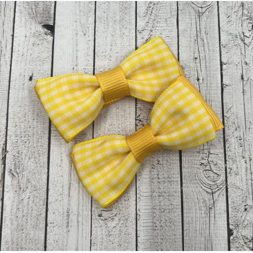 Pair of Yellow and White Gingham Checked Itty Bitty Bows on Clips