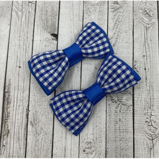 Pair of Royal/Cobalt Blue and White Gingham Checked Itty Bitty Bows on Clips