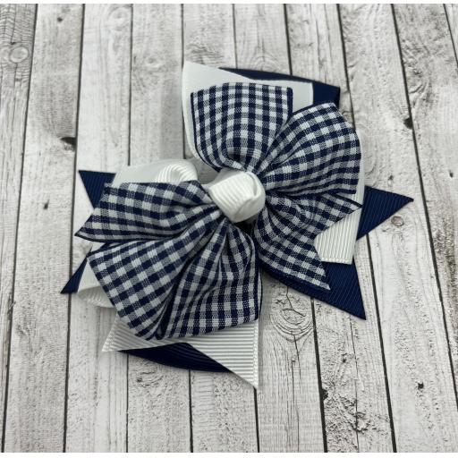 Navy and White Gingham Checked Triple Layer Bow on Clip
