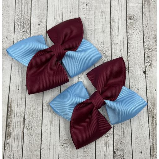 Wine and Light Blue Square Double Bows on Clips (pair)