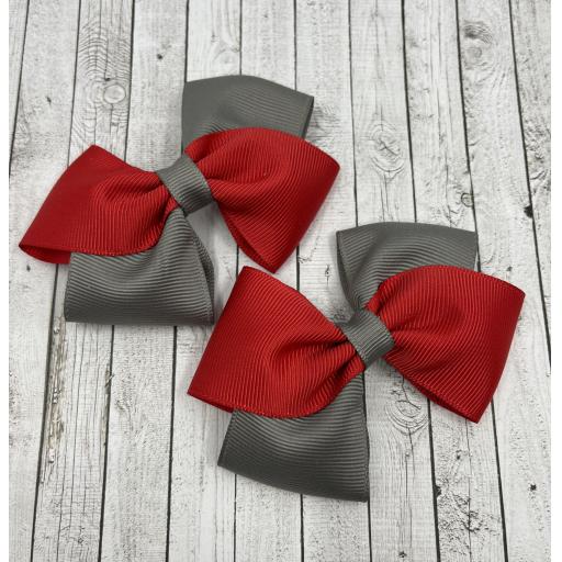 Red and Grey Diagonal Double Bows on Clips (pair)