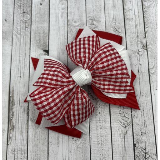 Red and White Gingham Checked Triple Layer Bow on Clip