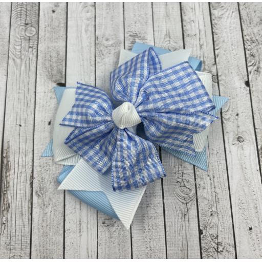 Light Blue and White Gingham Checked Triple Layer Bow on Clip
