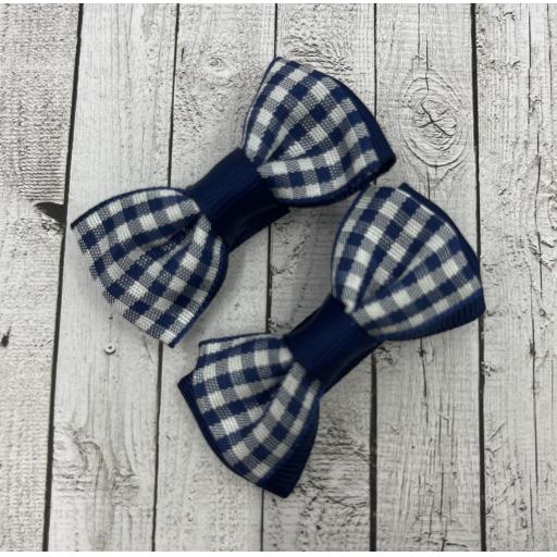 Pair of Navy and White Gingham Checked Itty Bitty Bows on Clips