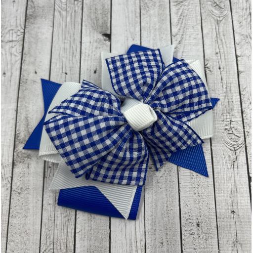 Royal/Cobalt Blue and White Gingham Checked Triple Layer Bow on Clip