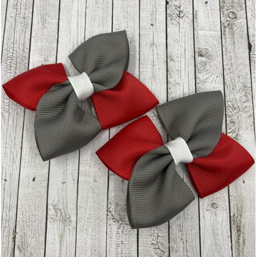 Red, Grey and White Square Double Bows on Clips (pair)